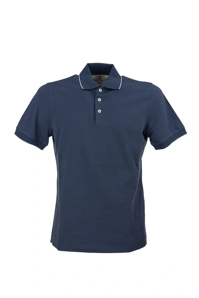 Shop Brunello Cucinelli Cotton Piqué Slim Fit Polo Shirt With Striped Knit Collar In Blue