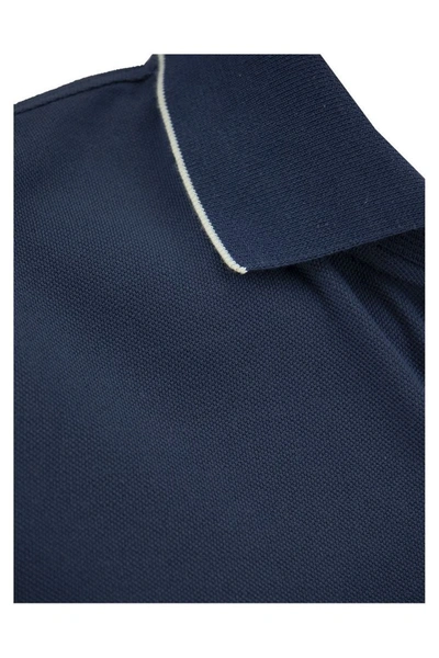 Shop Brunello Cucinelli Cotton Piqué Slim Fit Polo Shirt With Striped Knit Collar In Blue