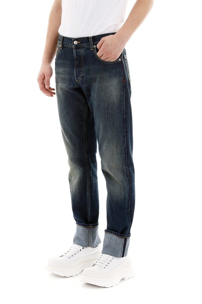 Shop Alexander Mcqueen Jeans With Contrast Seams In Blue Washed