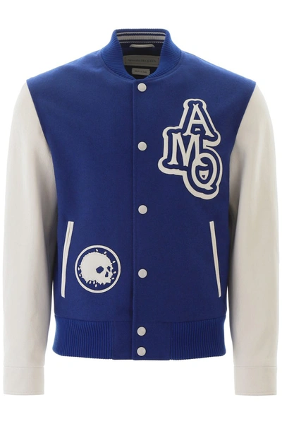 Shop Alexander Mcqueen Varsity Jacket With Leather Logo Patch In Cobalt Off White