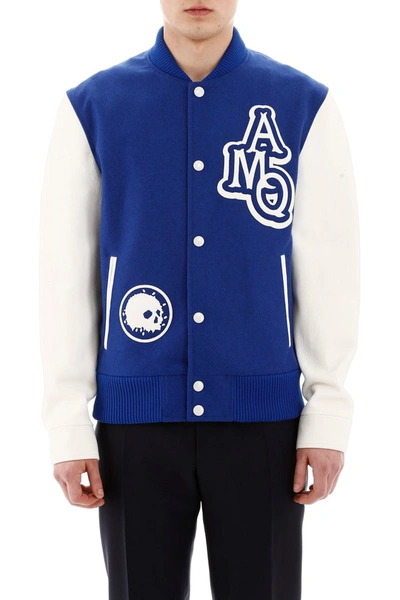 Shop Alexander Mcqueen Varsity Jacket With Leather Logo Patch In Cobalt Off White
