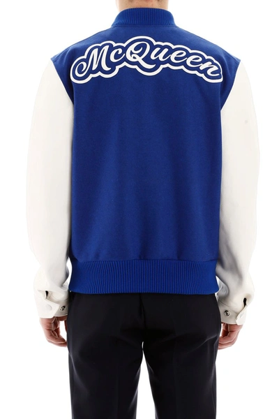 Shop Alexander Mcqueen Varsity Jacket With Leather Logo Patch In Cobalt Off White