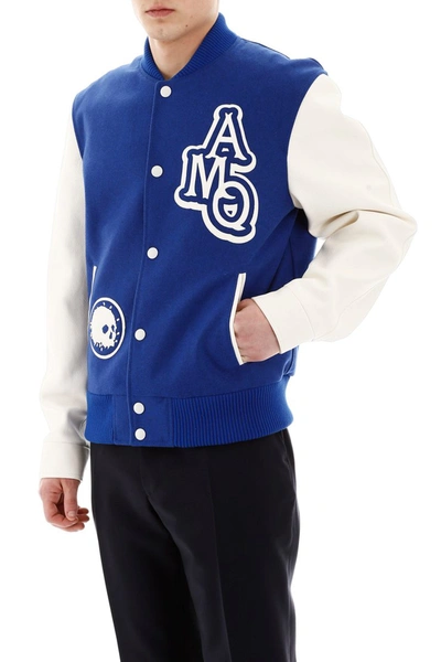 Shop Alexander Mcqueen Varsity Jacket With Leather Logo Patch In Cobalt Off White