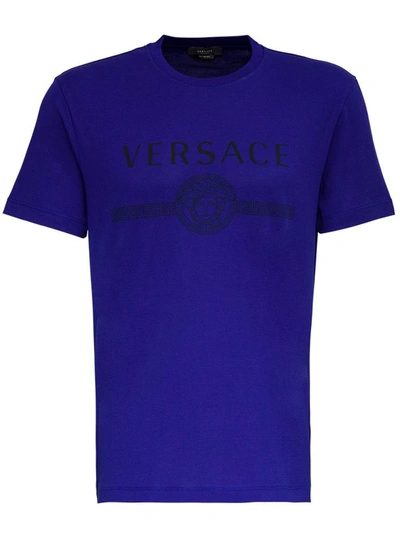 Shop Versace Cotton T-shirt With Logo Print In Blu
