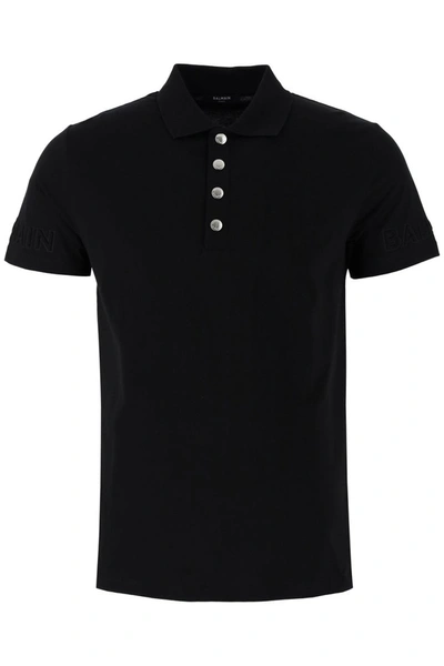 Shop Balmain Polo Shirt With Embossed Logo In Noir