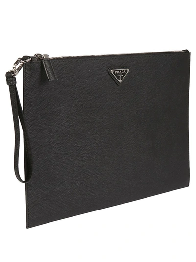 Shop Prada Logo Saffiano Clutch Bag In Black