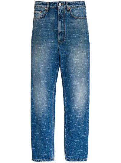 Shop Balenciaga Jeans With Allover Signature In Blu