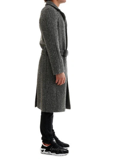 Shop Saint Laurent Belted Overcoat In Wool Twill In Grey