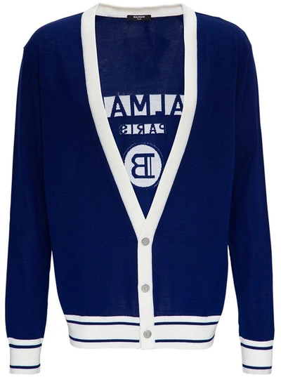 Shop Balmain Wool Cardigan With Back Logo In Blu