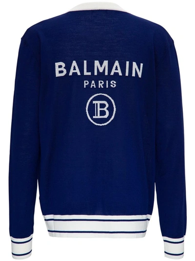 Shop Balmain Wool Cardigan With Back Logo In Blu
