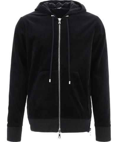 Shop Balmain Velvet Hoodie With Strass In Black  