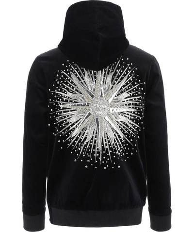 Shop Balmain Velvet Hoodie With Strass In Black  