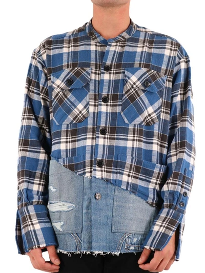 Shop Greg Lauren Check Shirt With Denim In Blue