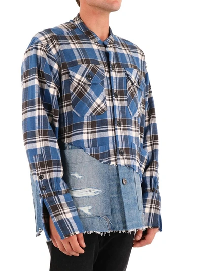 Shop Greg Lauren Check Shirt With Denim In Blue