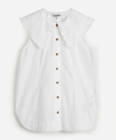 Shop Ganni Ruffle Collar Organic Cotton Top In White