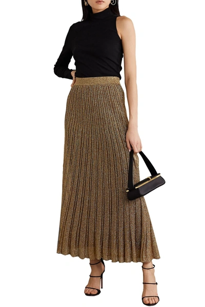 Shop Missoni Striped Metallic Crochet-knit Silk-blend Midi Skirt In Gold