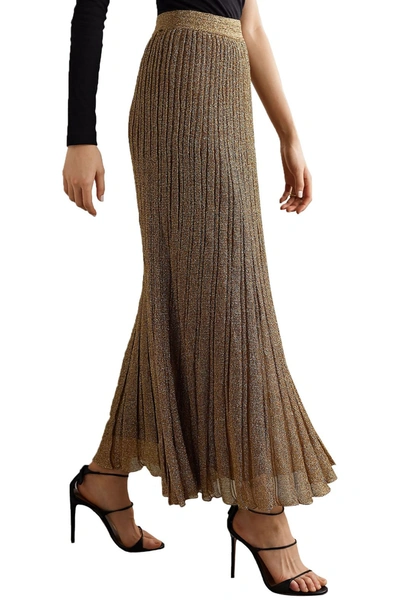 Shop Missoni Striped Metallic Crochet-knit Silk-blend Midi Skirt In Gold