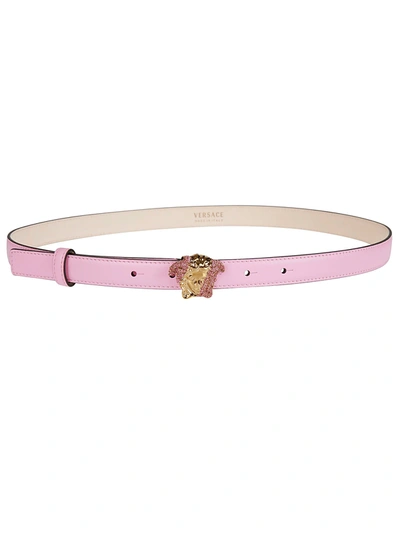 Shop Versace Medusa Logo Buckle Belt In Flamingo Pink/gold