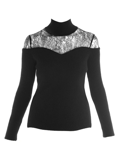 Shop Fendi Women's Lace Inset Turtleneck Sweater In Black
