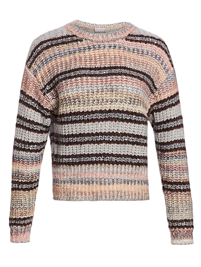 Shop Brunello Cucinelli Women's Mixed Media Striped Pailette Knit Sweater In Caribou