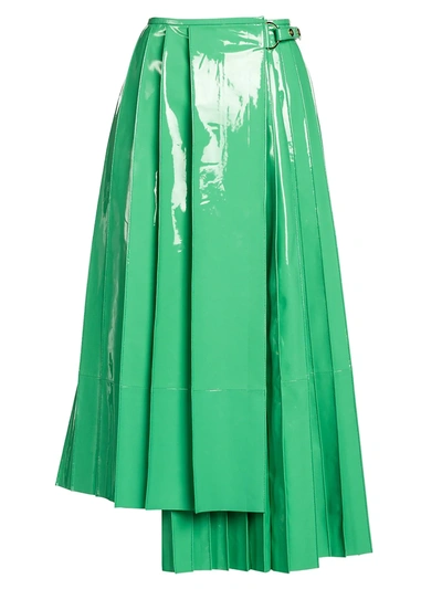 Shop Fendi Women's Patent Leather Pleated Asymmetric Midi Skirt In Aqua