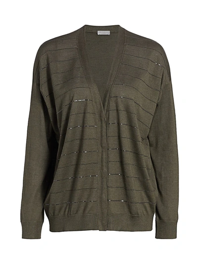 Shop Brunello Cucinelli Women's V-neck Cashmere & Silk Paillette Cardigan In Military