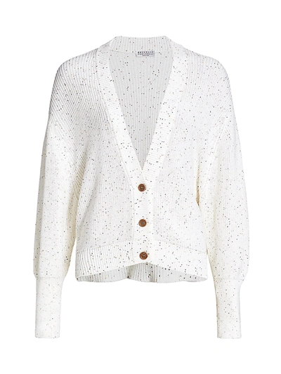 Shop Brunello Cucinelli Women's Ribbed Multi-sequin V-neck Cardigan In White