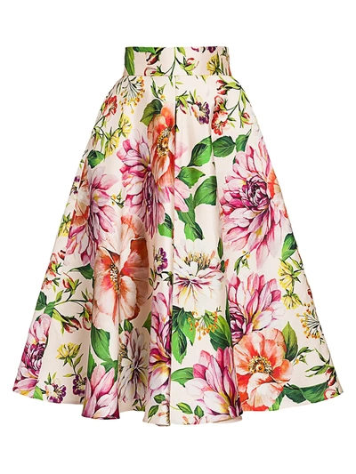 Shop Dolce & Gabbana Women's Silk Mikado Floral-print Flare Skirt In White Light Pink