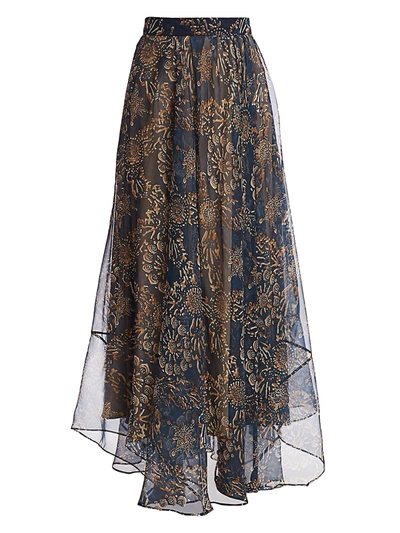 Shop Brunello Cucinelli Women's Floral Silk Maxi Skirt In Teal