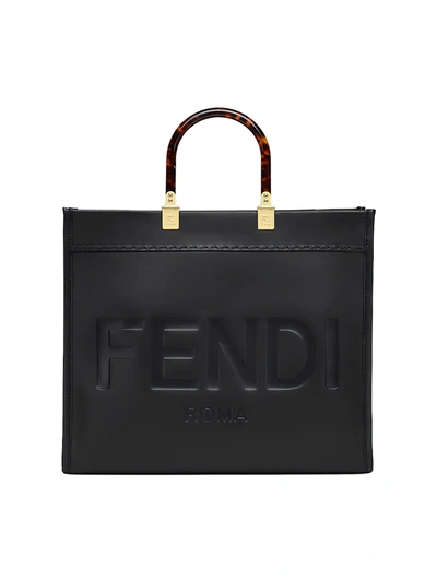 Shop Fendi Women's Medium Sunshine Logo Leather Shopper In Black
