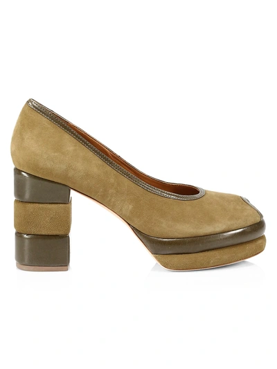 Shop Tory Burch 70s Peep-toe Leather & Suede Platform Pumps In Tobacco /