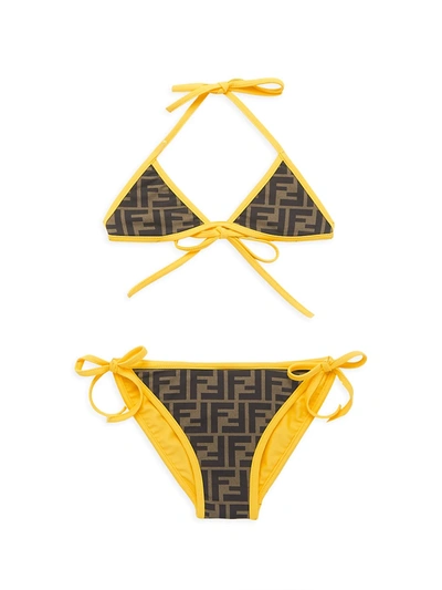 Shop Fendi Girl's 2-piece Allover Logo Swim Set In Brown