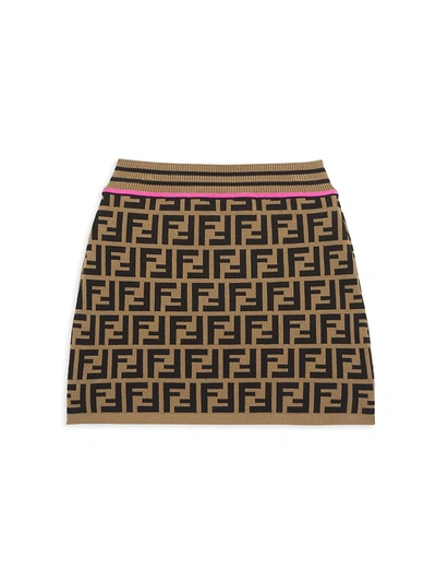 Shop Fendi Girl's Allover Logo Knit Mini Skirt In Brown