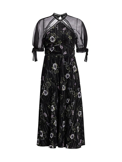 Shop ml Monique Lhuillier Floral Velvet Short-sleeve Midi Dress In Jet Multi