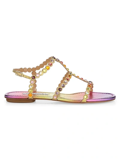 Shop Aquazzura Tequila Ombr Swarovski Crystal-embellished Leather Flat Sandals In Tropical Sunset