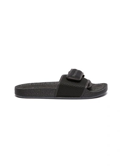 Shop Adidas Originals By Pharrell Williams 'chancletas Hu' Slogan Padded Strap Slides In Black