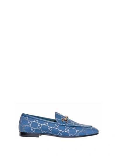 Shop Gucci Jordaan Gg Lamé Loafer In Blue Silver