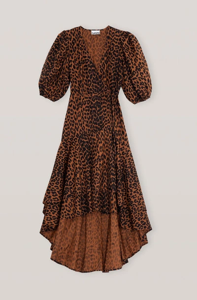 Shop Ganni Printed Cotton Poplin Wrap Dress In Toffee