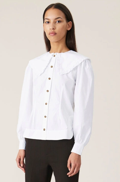 Shop Ganni Long Sleeve Frill Collar Poplin Shirt In Bright White