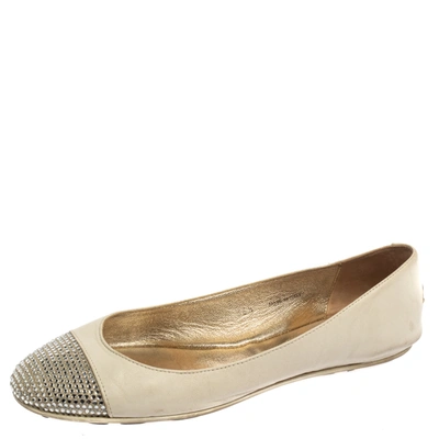 Pre-owned Jimmy Choo White Leather Waine Crystal Embellished Cap Toe Ballet Flats Size 36.5