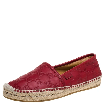 Pre-owned Gucci Ssima Leather Flat Slip On Espadrilles Size 37 In Red