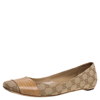 Pre-owned Gucci Beige Gg Canvas And Lizard Cap Toe Ballet Flats Size 41