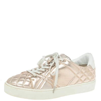 Pre-owned Burberry Metalic Pink Quilted Leather Westford Low Top Sneakers Size 37.5 In Metallic