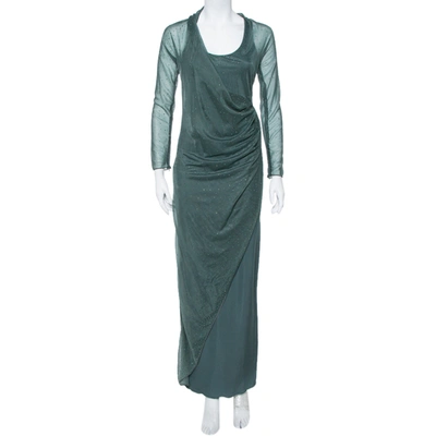 Pre-owned Giorgio Armani Dark Green Embellished Mesh & Knit Draped Maxi Dress S