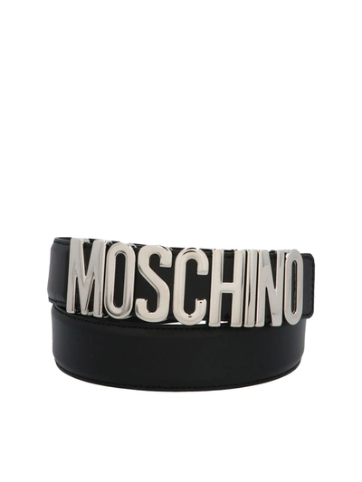 Shop Moschino Logo Belt In Black And Silver Color