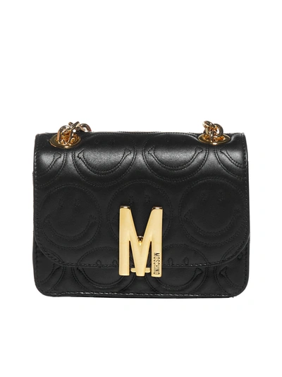 Shop Moschino M Smiley Nappa Leather Small Shoulder Bag In Fantasia Nero
