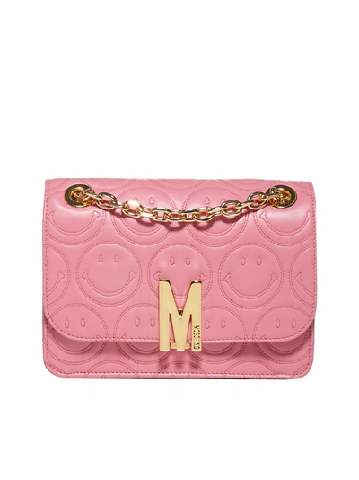 Shop Moschino M Smiley Nappa Leather Shoulder Bag In Fuxia