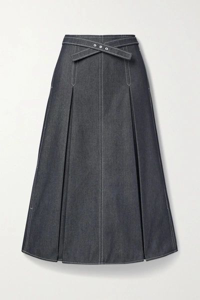 Shop Jason Wu Belted Pleated Denim Midi Skirt In Indigo