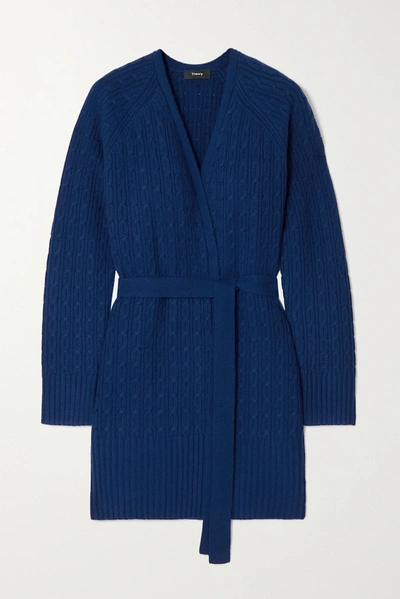 Shop Theory Malinka Belted Cable-knit Cashmere Cardigan In Navy