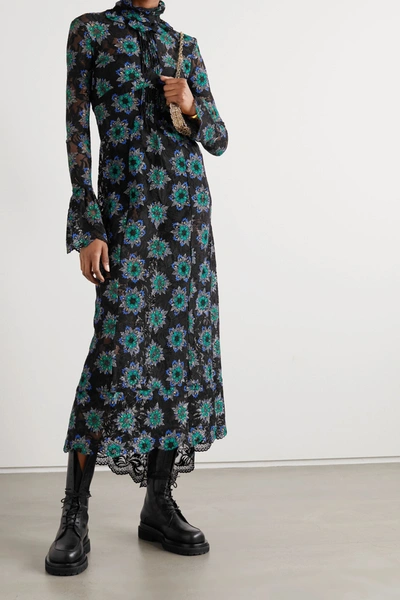 Shop Paco Rabanne Floral-print Lace Turtleneck Maxi Dress In Black